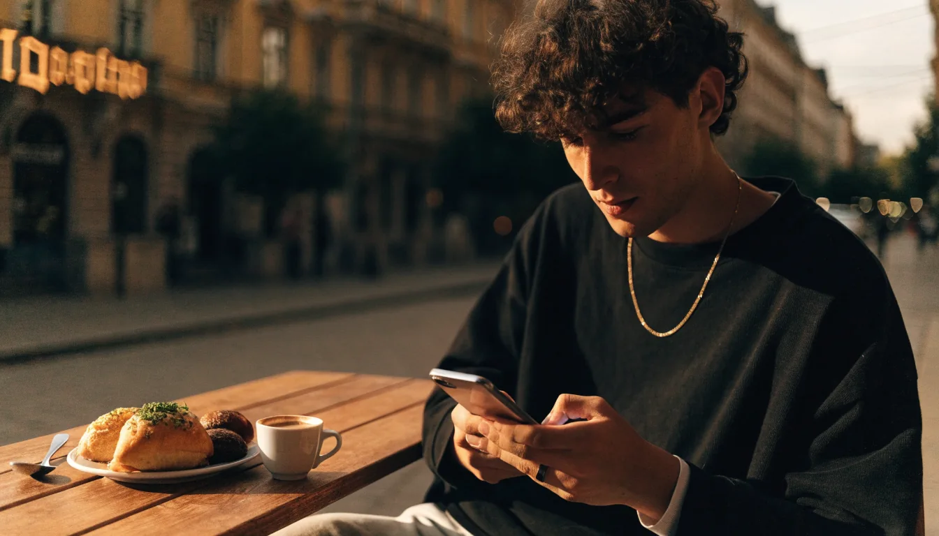 Fiatalember Android telefonnal egy budapesti kávézó teraszán