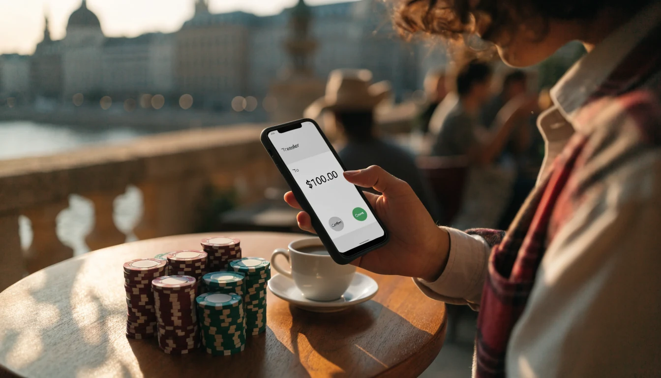 Fiatal felnőtt egy budapesti kávézóban, mobiltelefonnal és zsetonokkal az asztalon