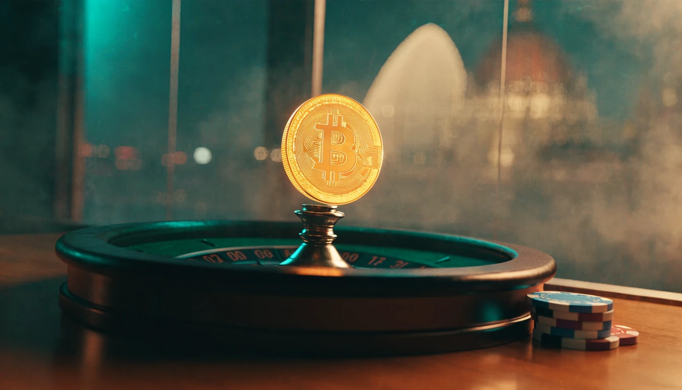 Bitcoin érme és kaszinó rulett asztal zsetonokkal, magyar hangulatban