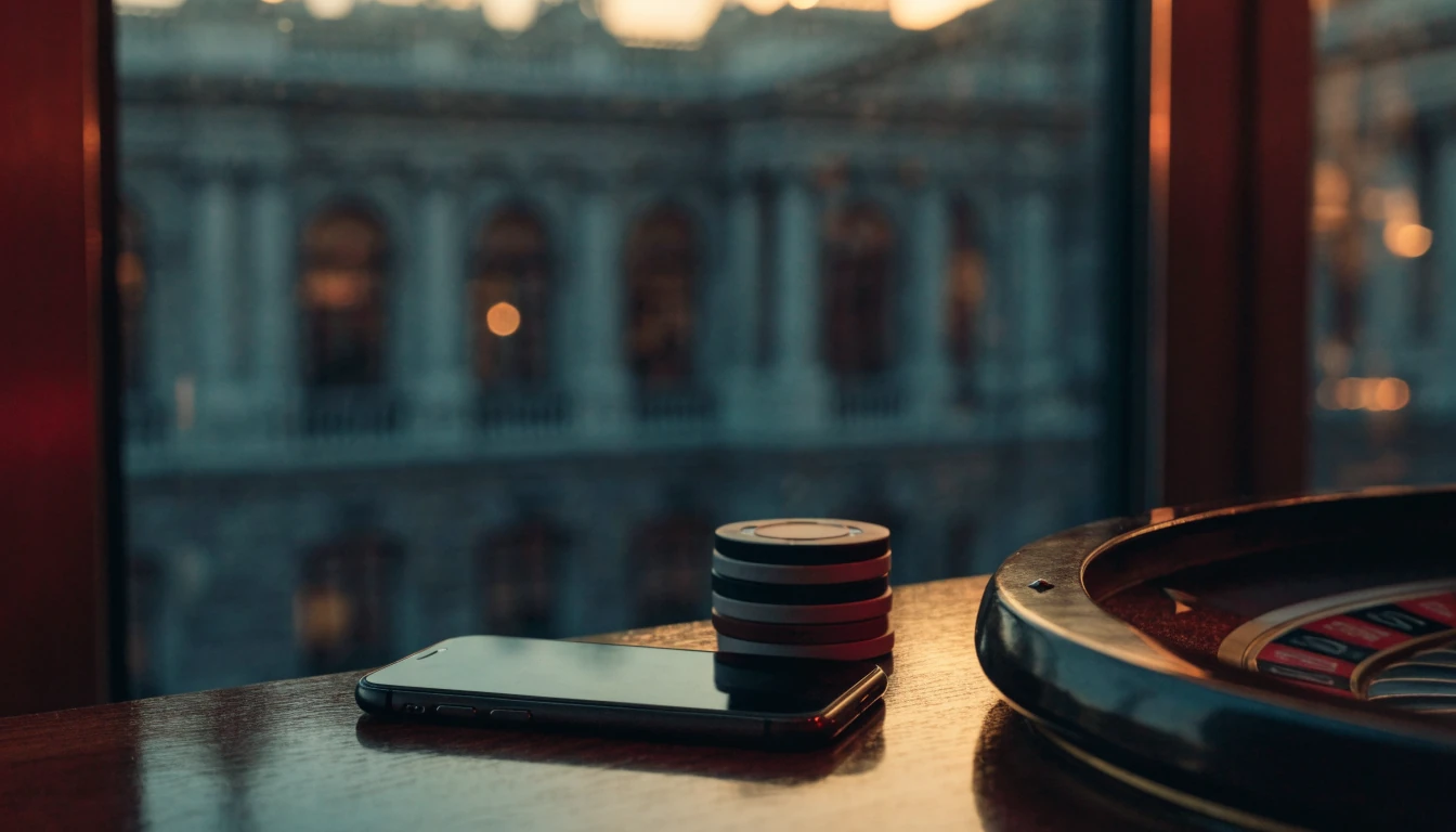 iPhone egy elegáns budapesti asztalon zsetonok és rulettkerék mellett, esti hangulatban.